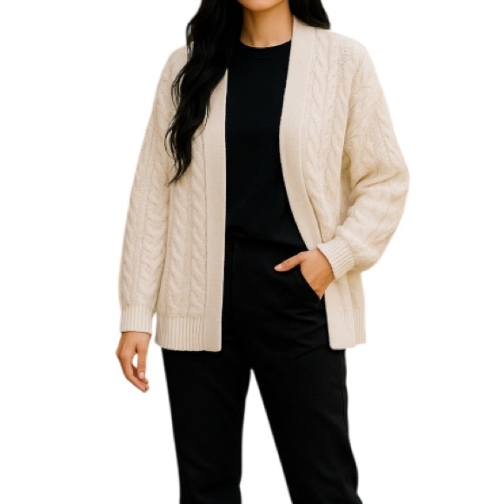 RAG SUPPLY Cable Knit Open Cardigan Sweater Ivory Fringe Knit Cotton Blend M